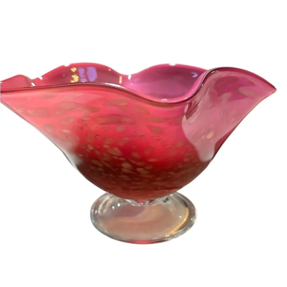 Art Glass cranberry/pink Footed Compote Ruffled w/gold flecks.